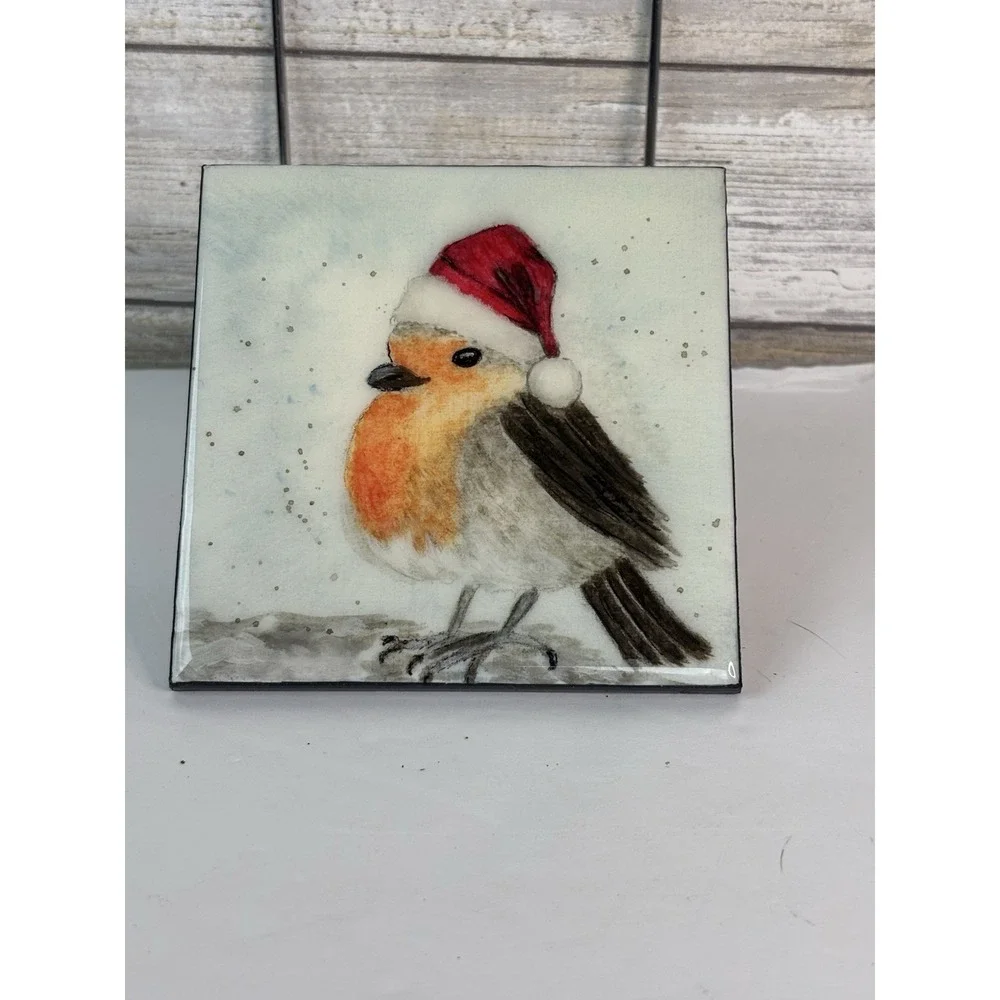 Decorative Tile  Painting of Bird Holiday Christmas Artist Signed